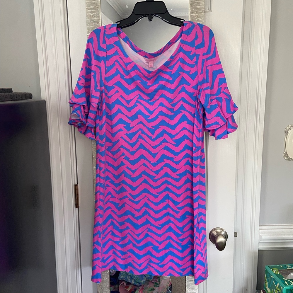 Lilly Pulitzer Pink and Blue Chevron Shift Dress Size Large EUC